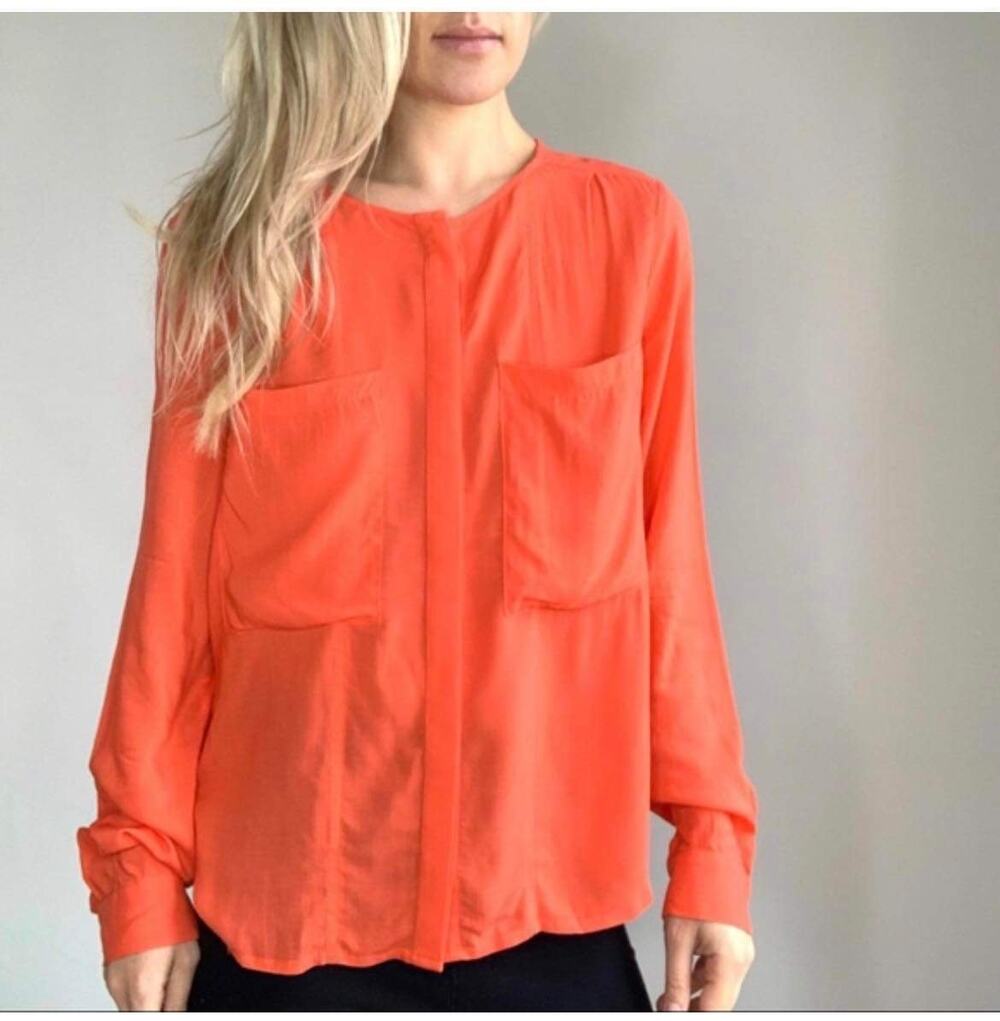 Anthropologie Maeve Clara Blood Orange Button Down Roll Long Sleeve Top Size S